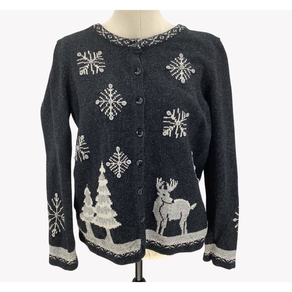 Vintage Button-Up Gray Wool Cardigan Ugly Christmas Sweater Womens Size M - Picture 1 of 8